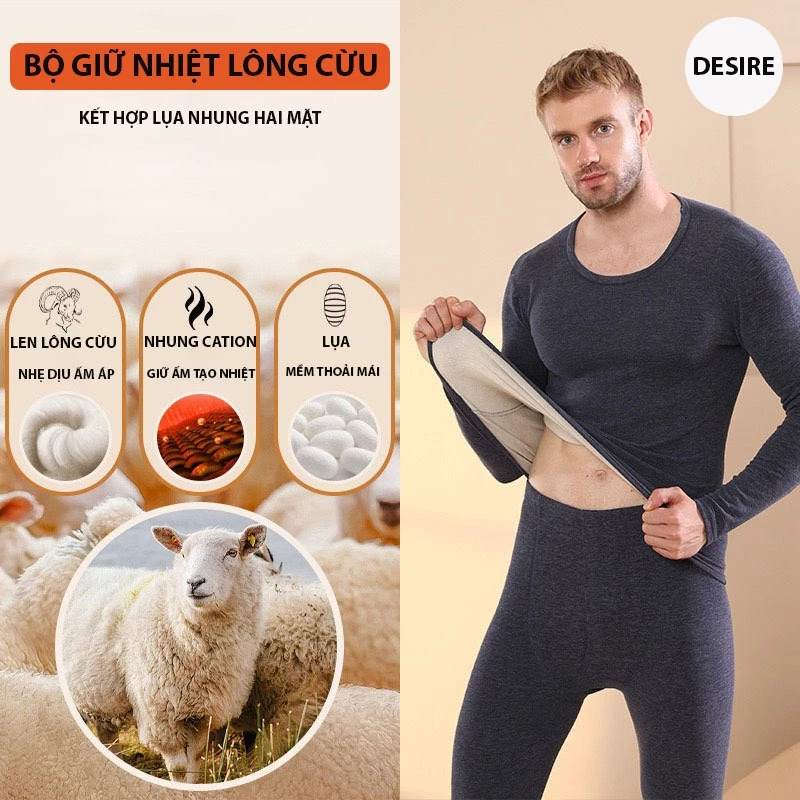 Desire Store, Đồ bộ giữ nhiệt nam lót Len Cashmere cổ tròn ấm áp mùa đông cao cấp siêu nhẹ DGN-02 image 1 of 16
