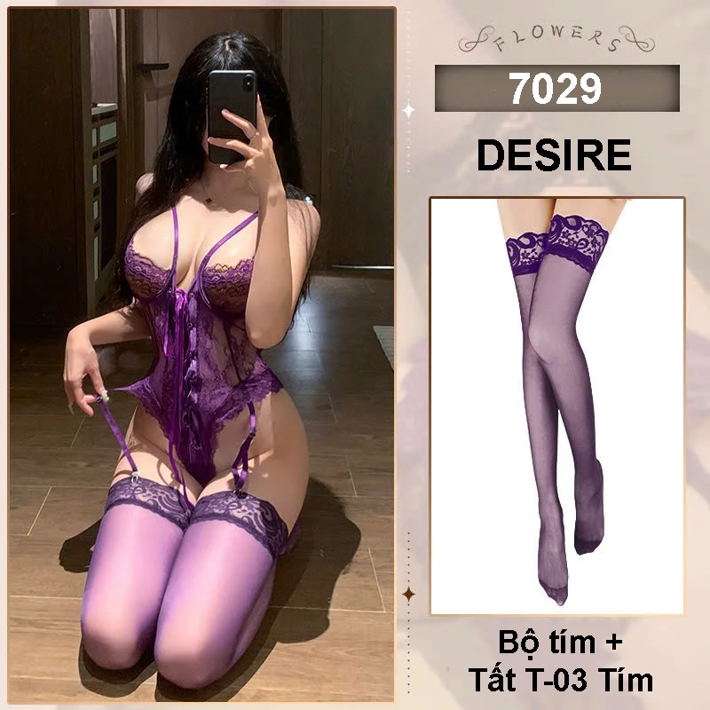 Desire Store, 7029 Bodysuit Ren - Bộ đồ ngủ liền thân có gọng ngực kèm dây đeo tất sexy DESIRE - Tím + Tất T-03 image 14 of 14