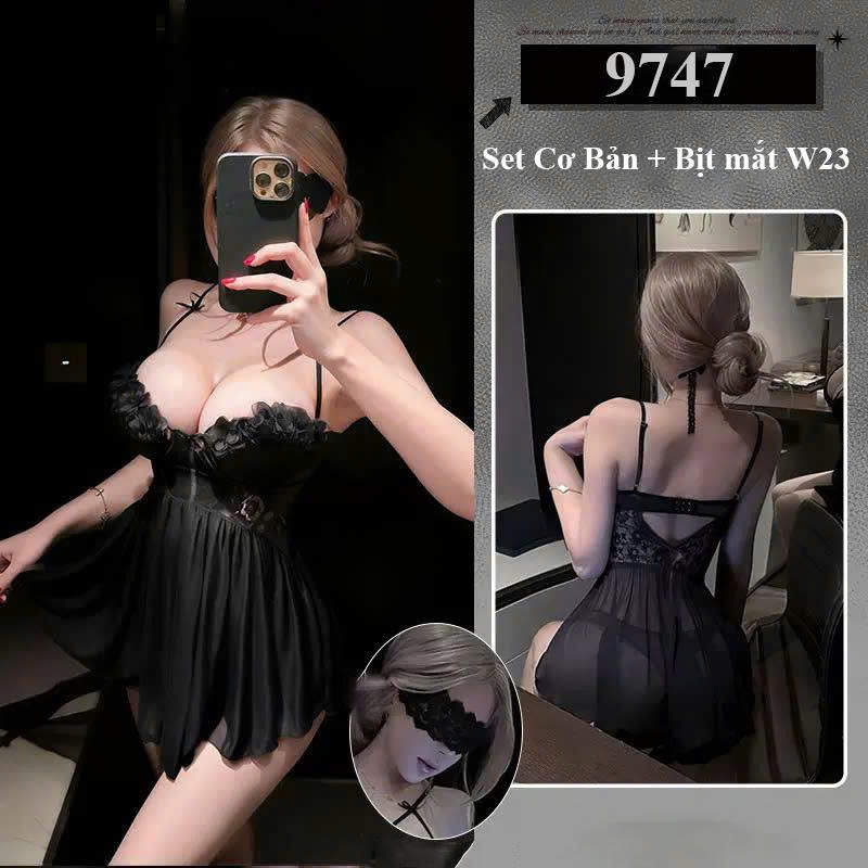 Desire Store, 9747 Váy ngủ ren xuyên thấu Bèo hoa có mút ngực Sexy Hàng cao cấp DESIRE - Đen+Chip+BịtmắtW23, Freesize 40-58kg image 12 of 12