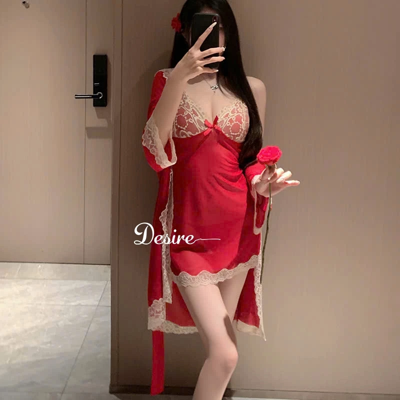 Desire Store, Set Váy ngủ ren, Áo choàng và Quần lót ren DESIRE VN-1078 - Đỏ image 12 of 15
