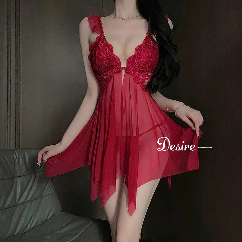 Desire Store, Váy Ngủ Ren Cài Trước Xuyên Thấu Sexy Kèm Quần Chip DESIRE VN-1052 - Đỏ image 12 of 14