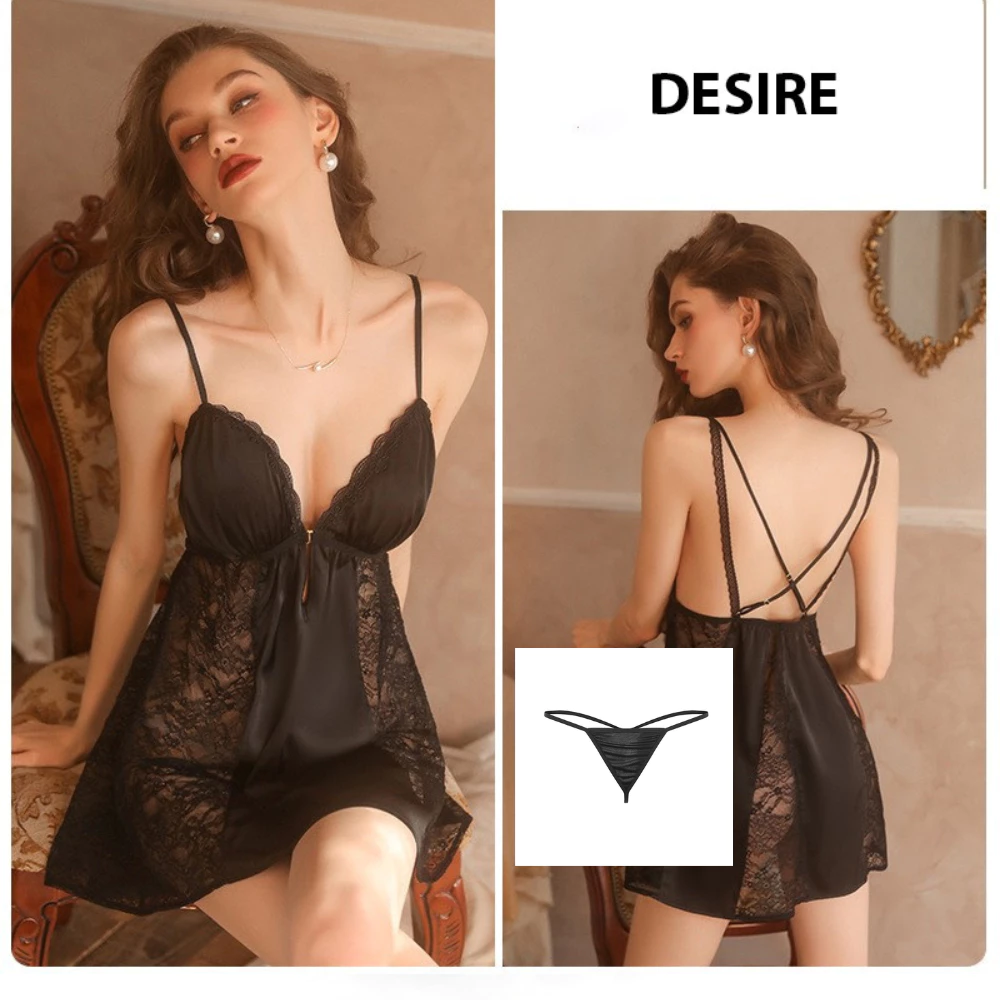 Desire Store, Set Váy ngủ hai dây có mút đệm ngực và áo choàng lụa cao cấp DESIRE VN-1690 - Váy đen (kèm chip), XL image 24 of 28