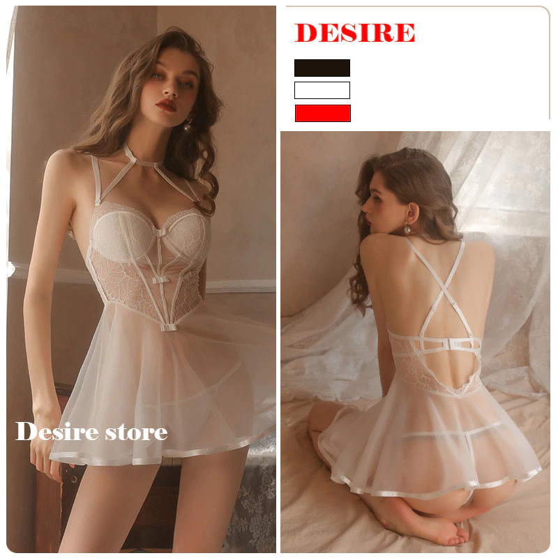 Desire Store, Váy ngủ ren xuyên thấu 2 dây chéo lưng tôn dáng sexy Desire VN-1733 - Trắng, L image 11 of 12