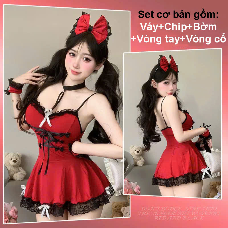 Desire Store, Bộ Đồ Ngủ Cosplay Cô Hầu Gái Sexy Màu Đỏ Đầy Đủ Phụ Kiện DESIRE VN-8255 - Set đỏ image 9 of 10