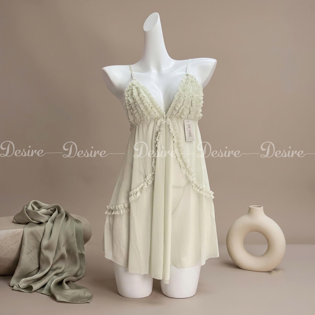 Desire Store, Set Váy Ngủ Voan Mỏng Phối Ren Nhún Bèo Sang Chảnh - Váy Ngủ Gợi Cảm Cao Cấp DESIRE B185 - Váy Xanh, L (60-80Kg) image 14 of 19
