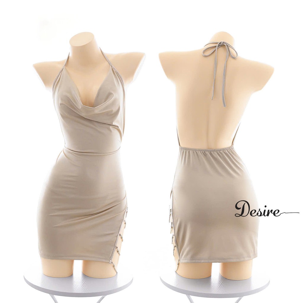 Desire Store, 660 Váy Ngủ Lụa Body Cổ Yếm Đổ Hở Lưng - Đầm Ngủ Sexy Xẻ Tà Đính Dây Đá Lấp Lánh Desire image 6 of 8