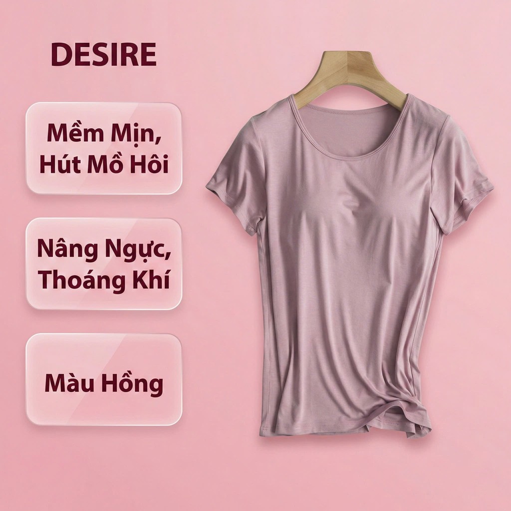 Desire Store, Áo thun ngắn tay có mút ngực thun Vicose cao cấp A2302 - Hồng nhạt, M image 16 of 20
