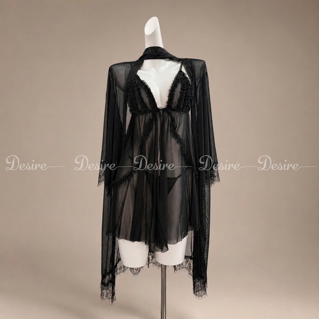 Desire Store, Set Váy Ngủ Voan Mỏng Phối Ren Nhún Bèo Sang Chảnh - Váy Ngủ Gợi Cảm Cao Cấp DESIRE B185 - Choàng Đen, L (60-80Kg) image 19 of 19