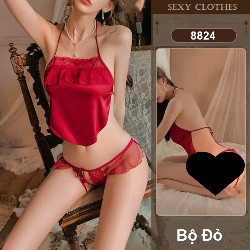 Desire Store, Bồ đồ ngủ yếm lụa phối ren cột dây sexy gợi cảm Hàng loại 1 DESIRE VN-8824 - Bộ Đỏ, L image 14 of 16