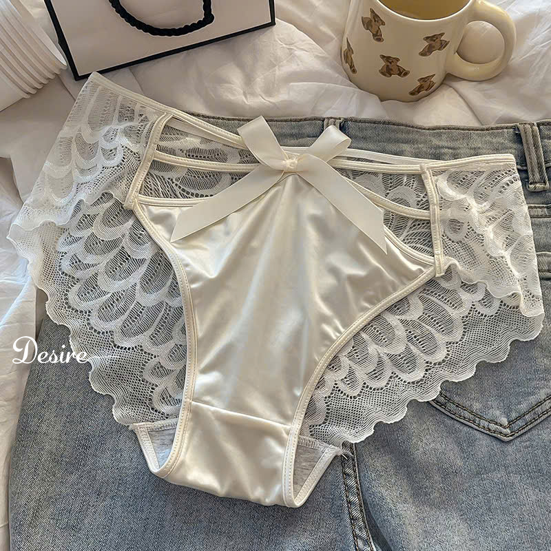 Desire Store, Quần Lót Nữ Lụa Phi Bóng Phối Ren Sườn Cạp Cao Đính Nơ Satin Quyến Rũ - Be 1 quần image 9 of 9