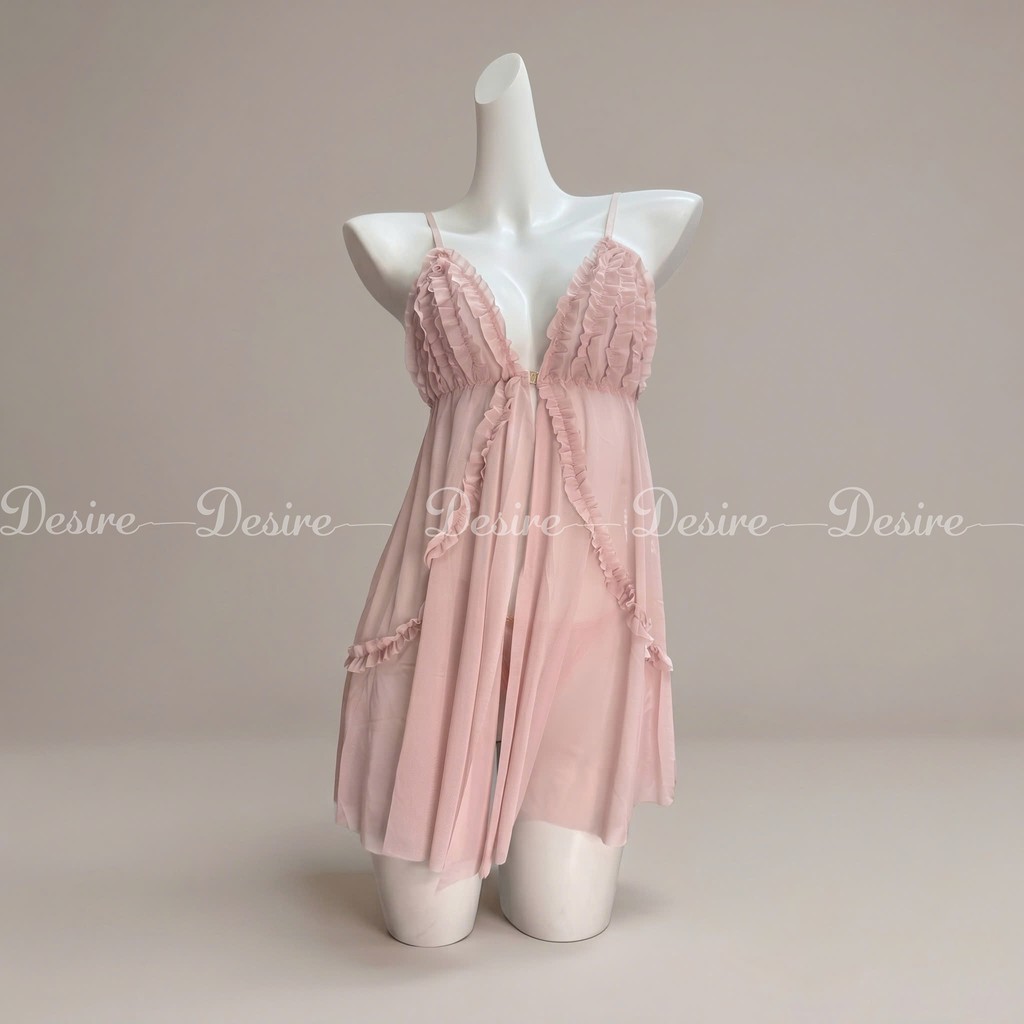 Desire Store, [60-80kg] Bigsize Set Váy Ngủ Voan Mỏng Phối Ren Nhún Bèo Sang Chảnh - Váy Ngủ Gợi Cảm Cao Cấp DESIRE B185 - Váy hồng nhạt, L (60-80Kg) image 11 of 18