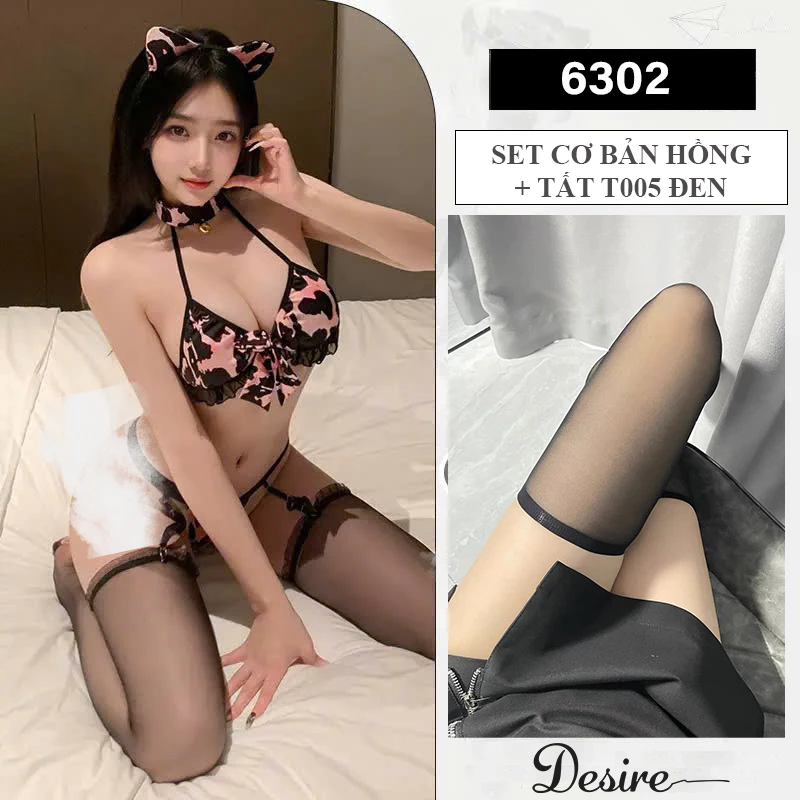 Desire Store, Bộ lót Cosplay Cô nàng mèo hoạ tiết đốm phong cách sexy gợi cảm DESIRE VN-6302 - Bộ lót hồng+T-05 đen image 10 of 11