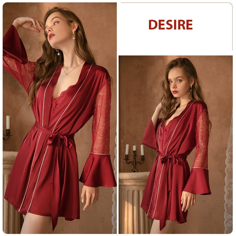 Desire Store, Áo choàng ngủ tay ren loe sang trọng lụa choàng cô dâu Bride VN-1170 - Áo choàng Đỏ image 11 of 13