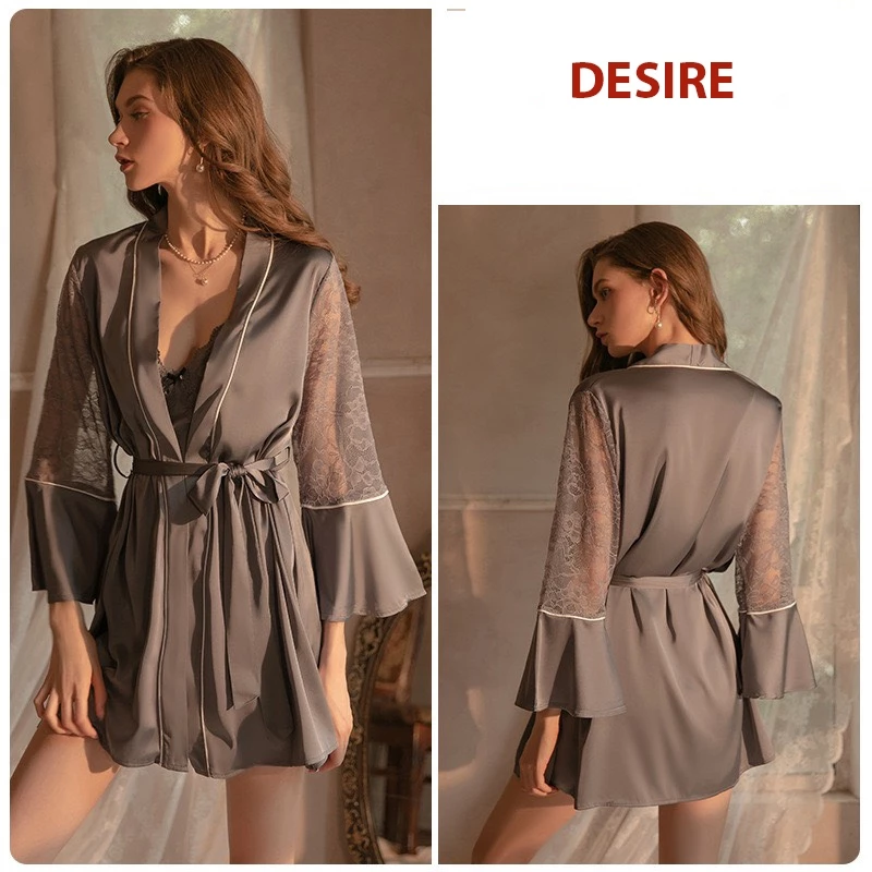 Desire Store, Áo choàng ngủ tay ren loe sang trọng lụa choàng cô dâu Bride VN-1170 - Áo choàng Xanh ghi image 9 of 13