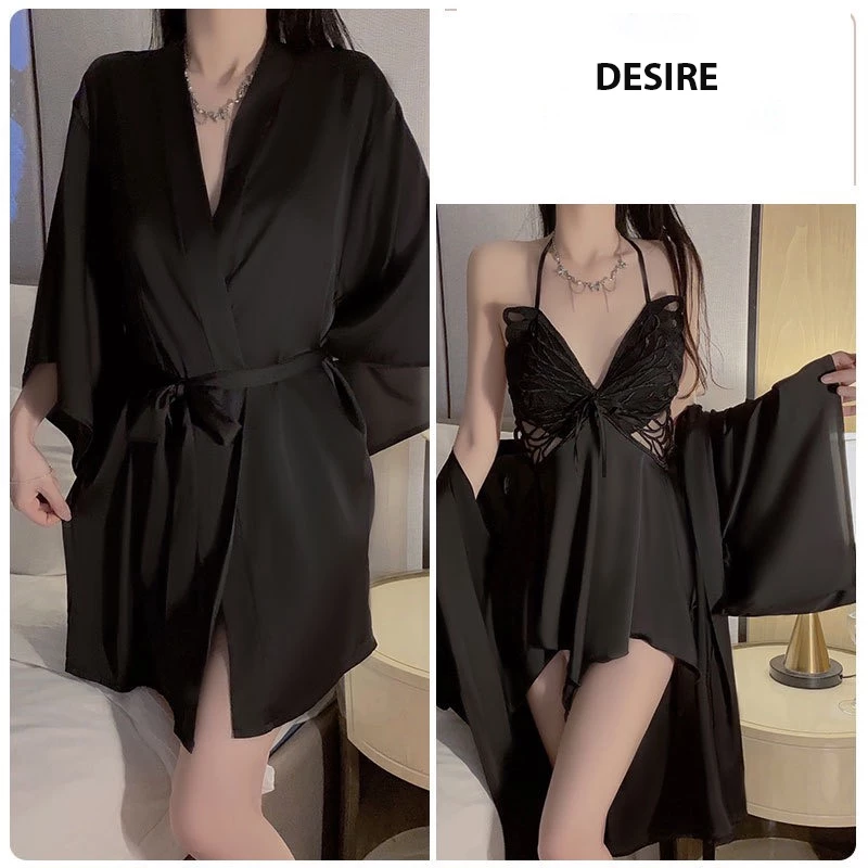 Desire Store, Váy ngủ lụa phối ren khoét lưng gợi cảm  hàng loại 1 chính hãng GUIRUO DESIRE VN-3945 - Set váy + choàng đen, L image 13 of 15