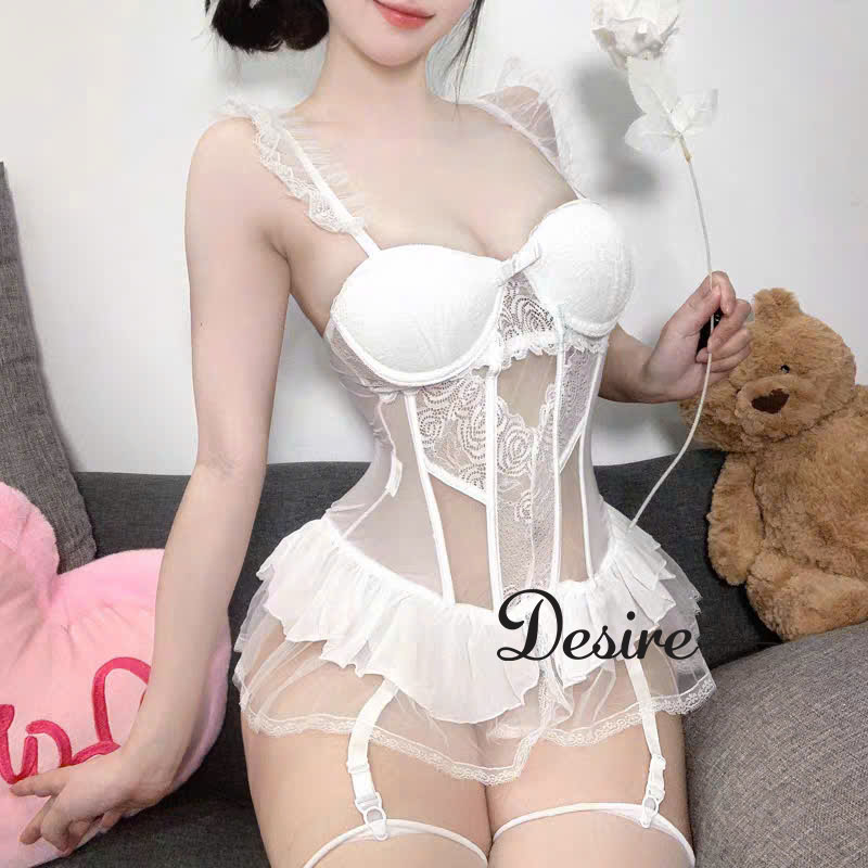 Desire Store, Bodysuit Ren Cao Cấp Có Mút Ngực - Váy Ngủ Liền Thân Corset Phối Voan Xòe Tôn Dáng Sexy Quyến Rũ DESIRE VN-1738 - Váy trắng, L image 14 of 18