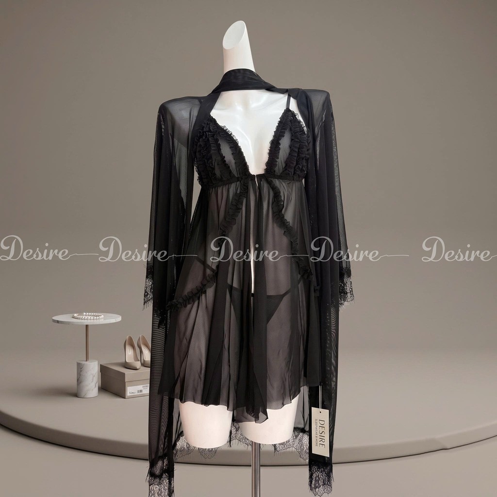 Desire Store, Set Váy Ngủ Voan Mỏng Phối Ren Nhún Bèo Sang Chảnh - Váy Ngủ Gợi Cảm Cao Cấp DESIRE B185 - Set Đen, L (60-80Kg) image 17 of 19
