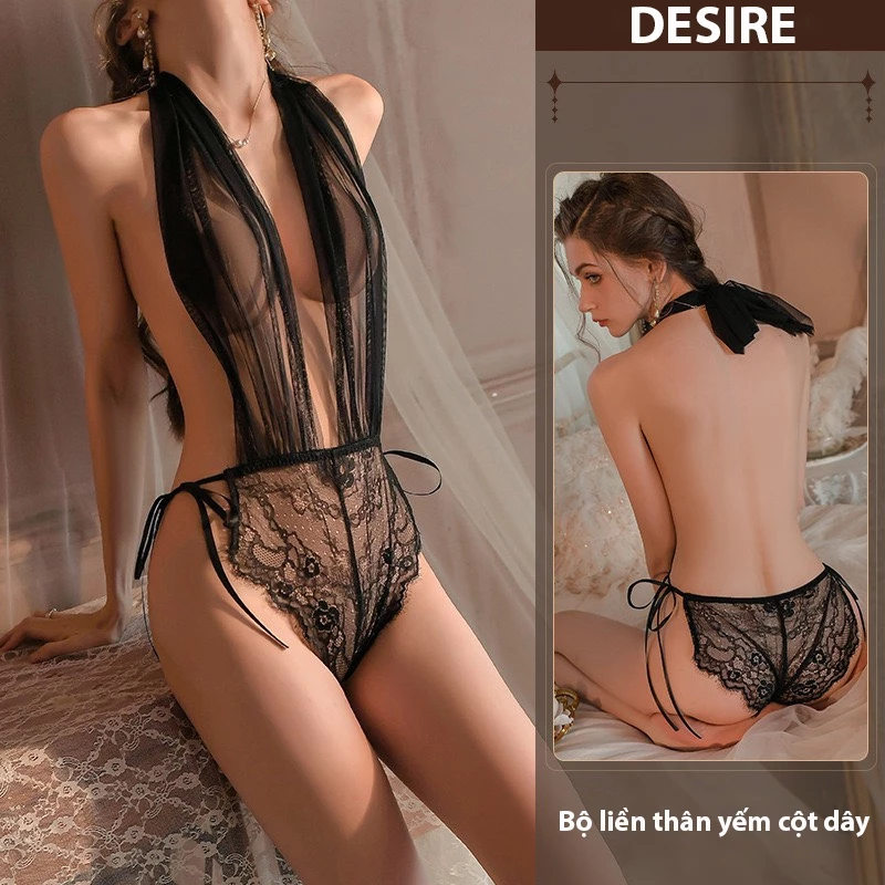 Desire Store, Bộ liền thân yếm cột dây chất ren mềm gợi cảm VN-8859 - Đen image 8 of 9