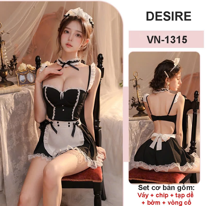Desire Store, Váy ngủ Cosplay Cô Hầu Gái chất thun mềm có gọng sexy gợi cảm DESIRE VN-1315 - Set Đen image 7 of 9