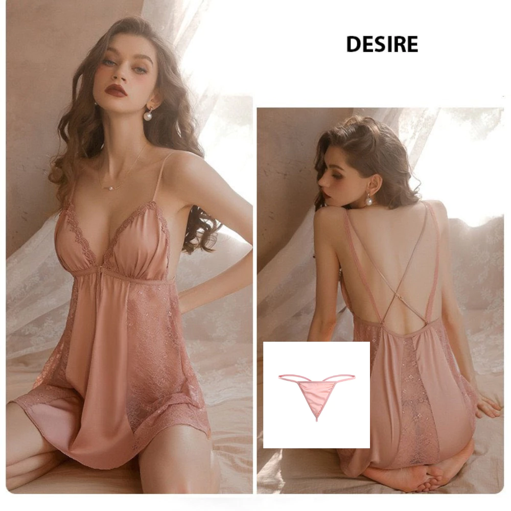 Desire Store, Set Váy ngủ hai dây có mút đệm ngực và áo choàng lụa cao cấp DESIRE VN-1690 - Váy hồng (kèm chip), XL image 28 of 28