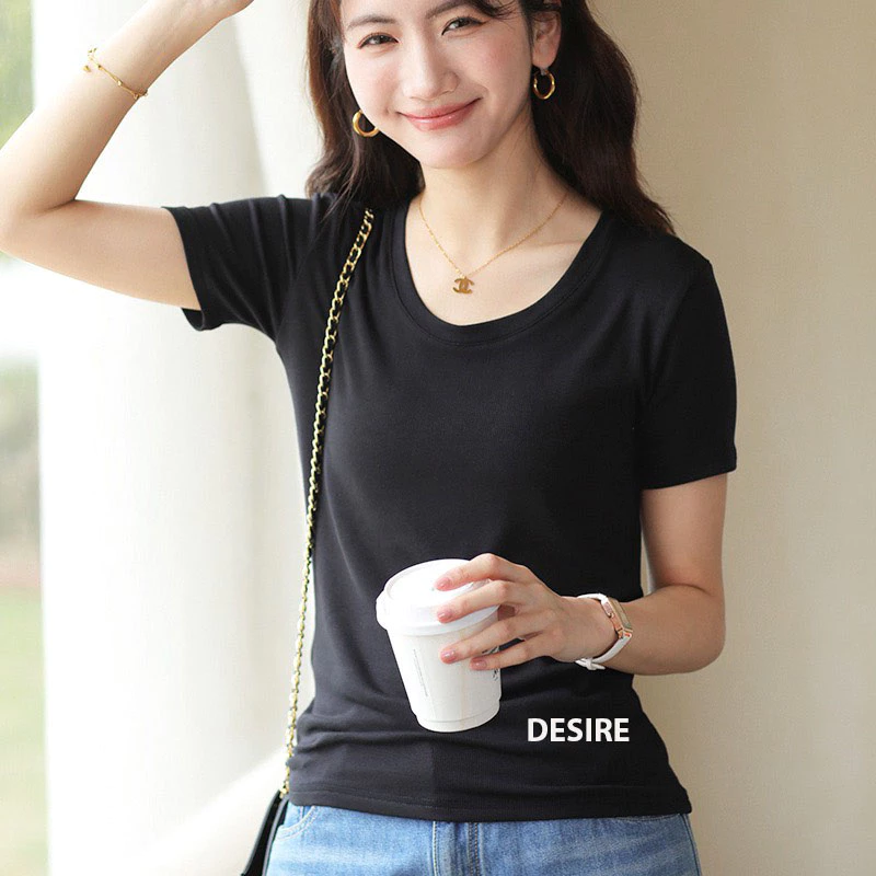 Desire Store, Áo thun nữ trơn ngắn tay thun gân DESIRE loại đẹp cổ tròn mịn mát mùa hè AN-07 - Đen, Onesize 46-59kg image 11 of 13