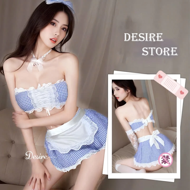 Desire Store, Bộ đồ ngủ hoá trang Cosplay hầu gái ba mảnh caro xanh cup ngực áo quây DESIRE VN-8114 - Set BIGSIZE image 15 of 15