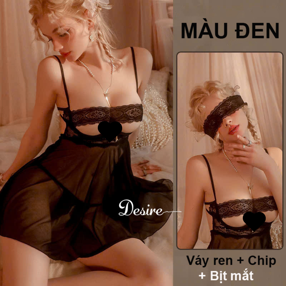Desire Store, Váy ngủ ren có gọng chất mềm mịn sexy gợi cảm DESIRE VN-8564 - Đen + BM-04 image 9 of 10