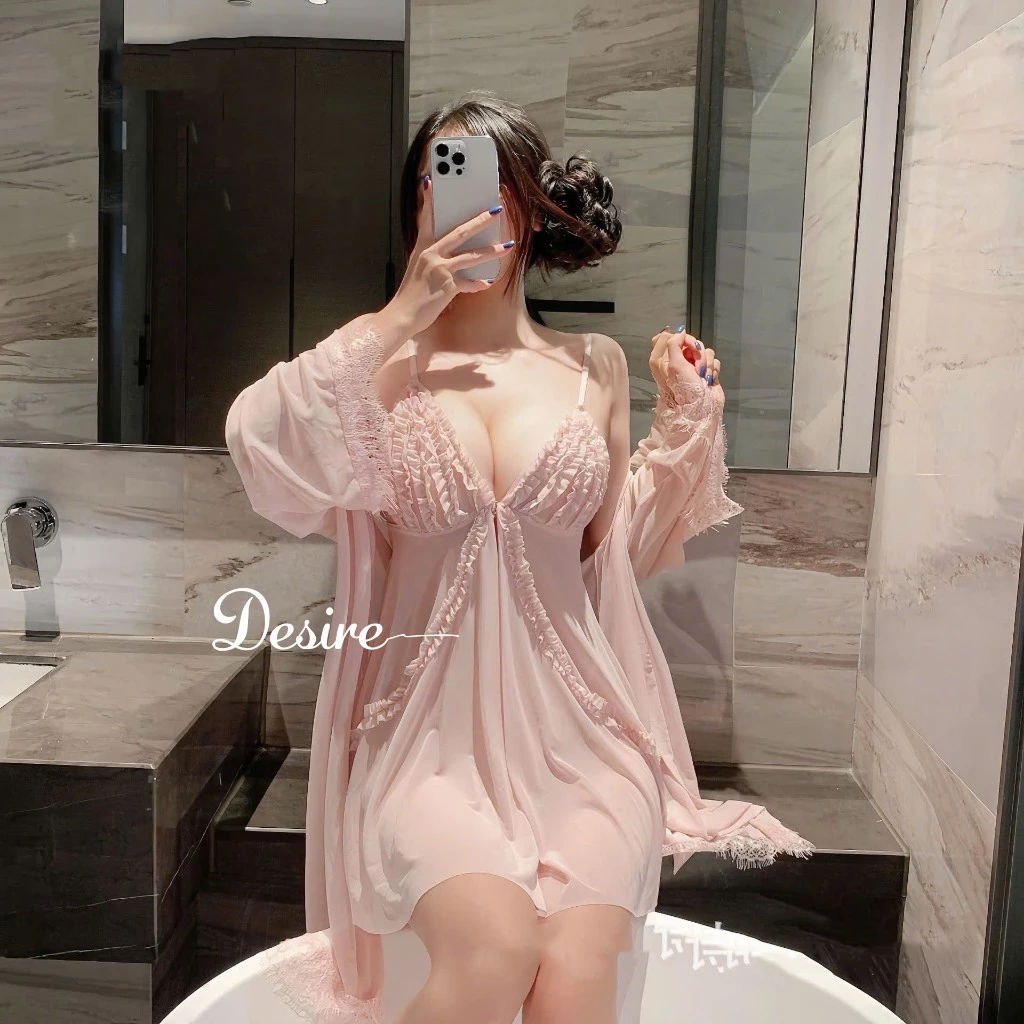 Desire Store, Set Váy Ngủ Voan Mỏng Phối Ren Nhún Bèo Sang Chảnh - Váy Ngủ Gợi Cảm Cao Cấp DESIRE B185 - Set Hồng nhạt, L (60-80Kg) image 12 of 16