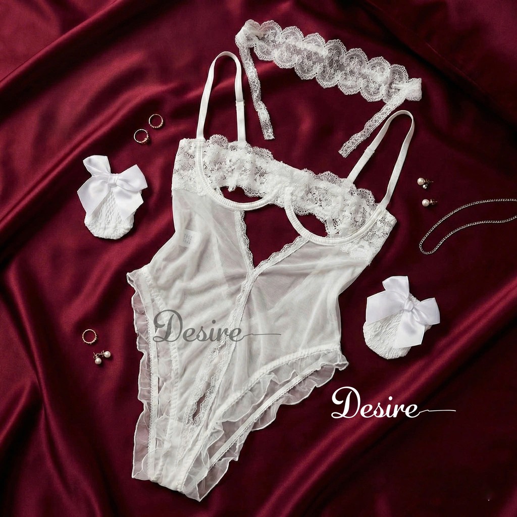 Desire Store, Bộ váy ngủ liền thân Bodysuit ren có gọng DESIRE VN-8914 - Váy Trắng + Tất T-012 + Bịt mắt W23, L(53-63kg) image 18 of 18