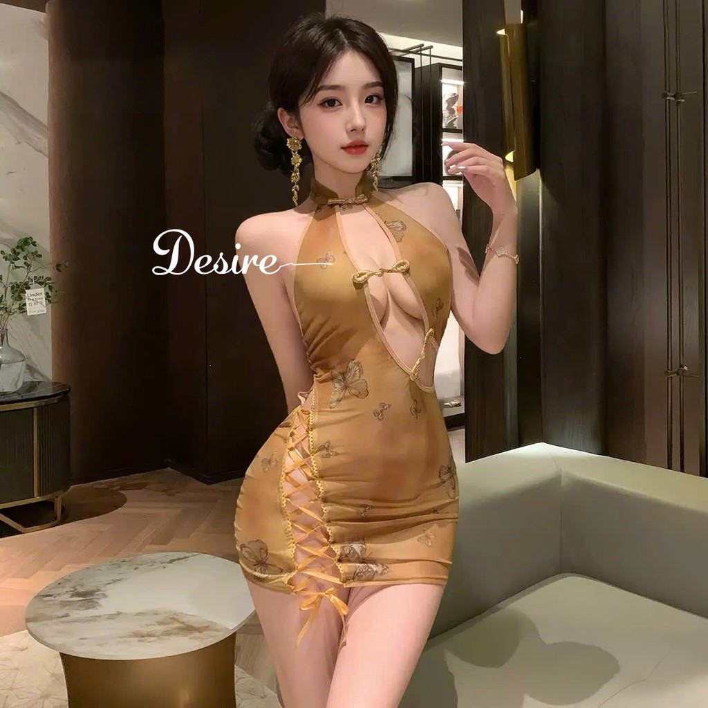 Desire Store, ZY40 Váy Ngủ Cosplay Sườn Xám Cách Tân Họa Tiết Bươm Bướm - Đồ Lót Cosplay Sườn Xám Xuyên Thấu Đan Dây Hông DESIRE ZY40 (Butterfly-Print Modern Qipao Cosplay Lingerie – DESIRE ZY40 Sheer Lace-Up Side Qipao Cosplay Lingerie) image 2 of 7