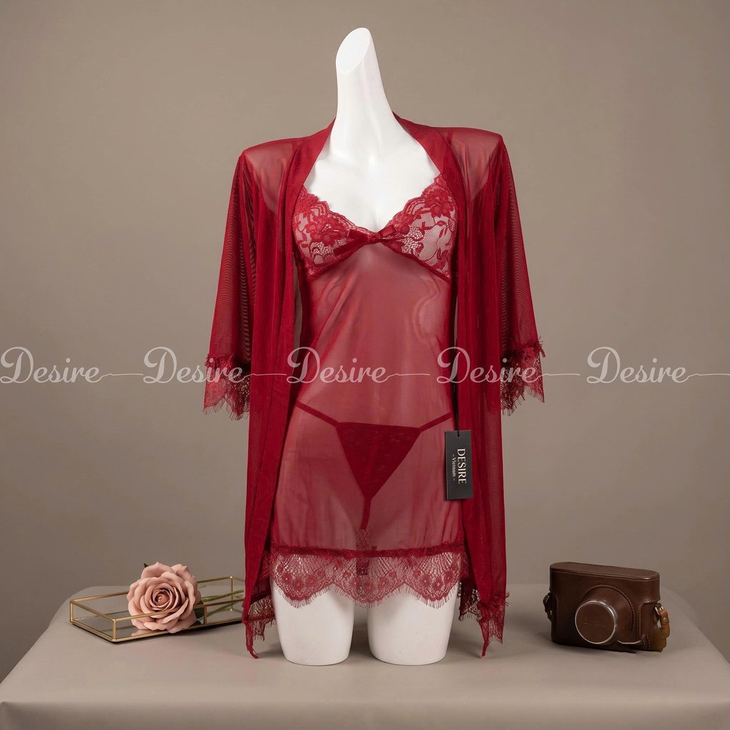 Desire Store, Set Váy ngủ ren, Áo choàng và Quần lót ren DESIRE VN-525 - Đỏ, L 55-65kg image 12 of 15