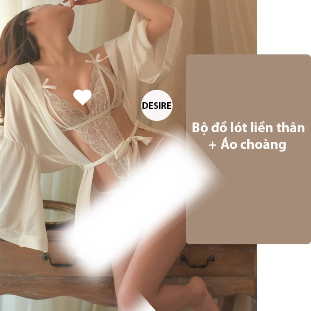 Desire Store, Set đồ lót liền thân ren xẻ đáy và Áo choàng lụa set lót ren gợi cảm sexy VN-8458 - Full set Trắng, M (40-54kg) image 16 of 22