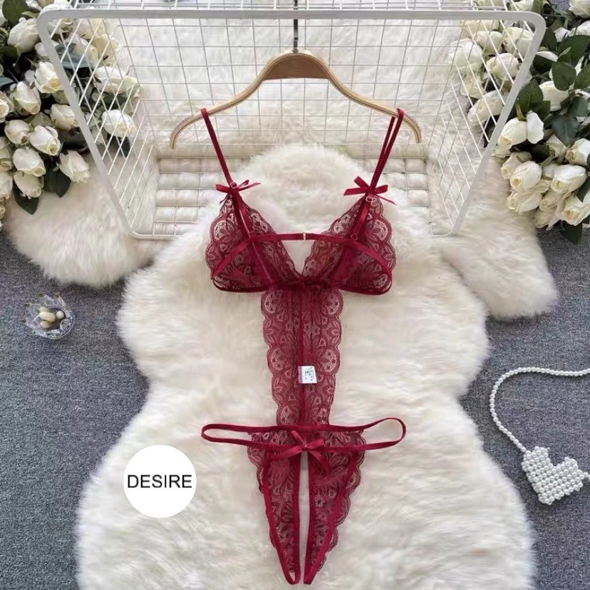 Desire Store, Set đồ lót liền thân ren xẻ đáy và Áo choàng lụa set lót ren gợi cảm sexy VN-8458-1 - Bộ lót ren đỏ, L image 12 of 22