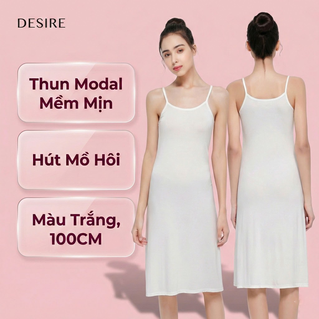 Desire Store, Đầm hai dây - Váy hai dây mặc lót thun modal (Gỗ sồi) dáng suông cổ thuyền Desire VNN-0044N - Trắng trung 100cm, M image 19 of 22