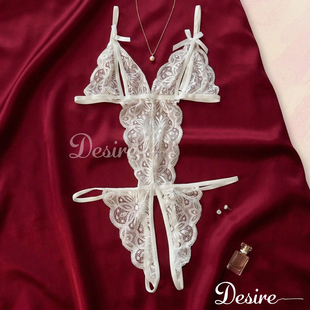 Desire Store, Set đồ lót liền thân ren xẻ đáy và Áo choàng lụa set lót ren gợi cảm sexy VN-8458 image 7 of 22