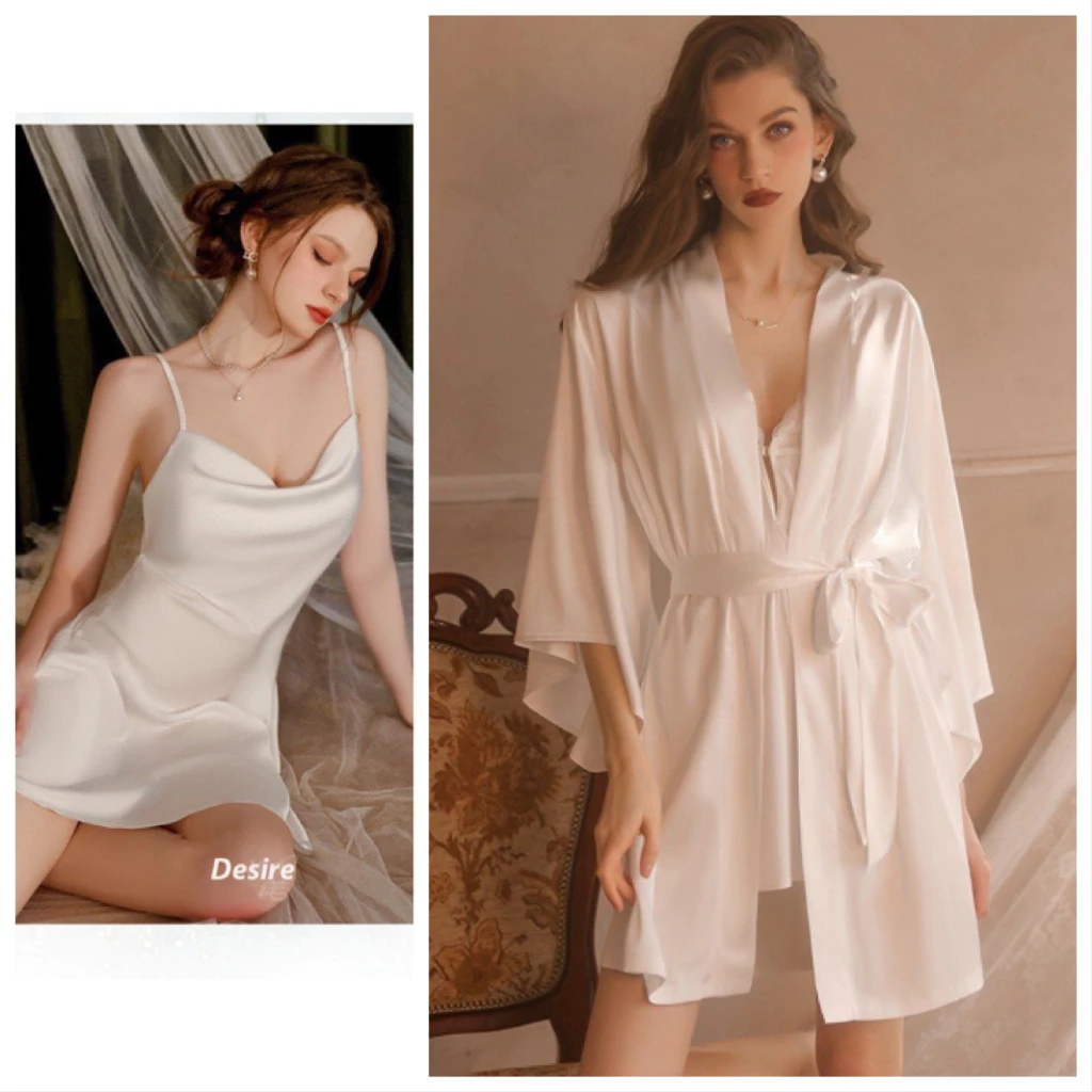 Desire Store, Váy ngủ lụa hai dây cổ đổ gợi cảm Desire VN-1477 - Trắng váy+choàng, L(55-68kg) image 21 of 24