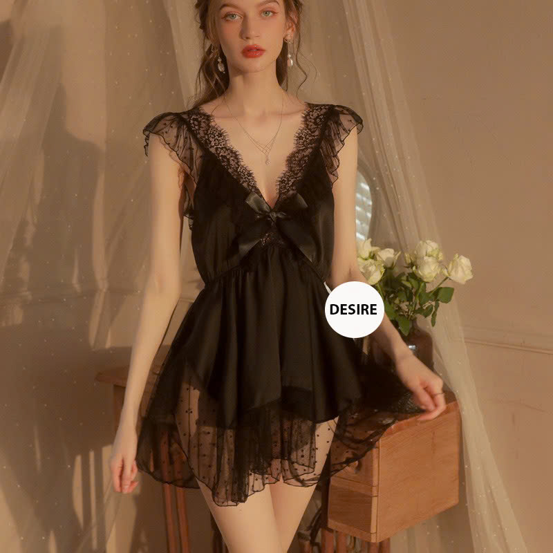 Desire Store, Váy ngủ lụa nữ cánh tiên lụa satin cao cấp phối ren cổ chữ V Desire VN-8463 image 6 of 10