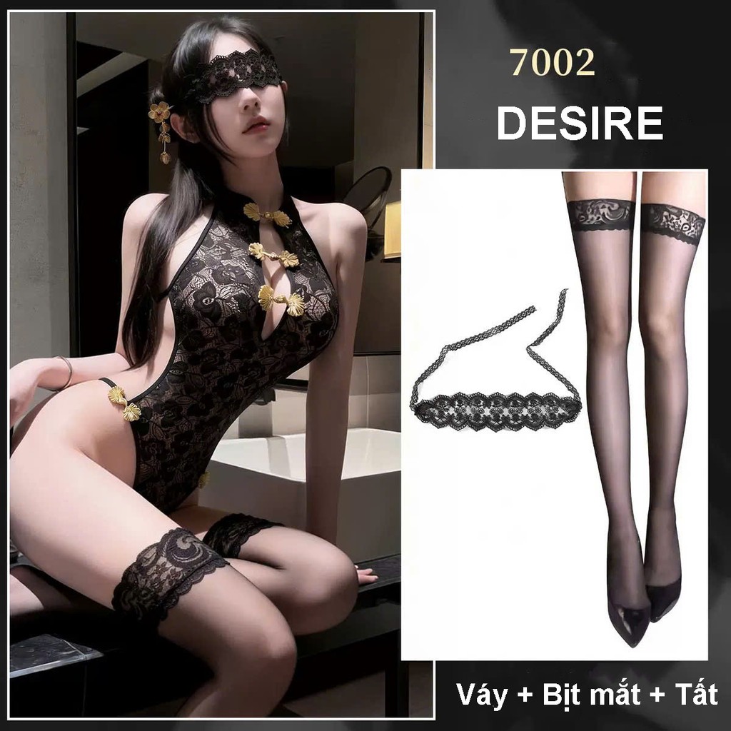 Desire Store, 7002 Bộ Bodysuit liền thân sườn xám phong cách trung hoa sexy gợi cảm DESIRE - Bộ đen+Bịt mắt w23+Tất T-03 image 13 of 13
