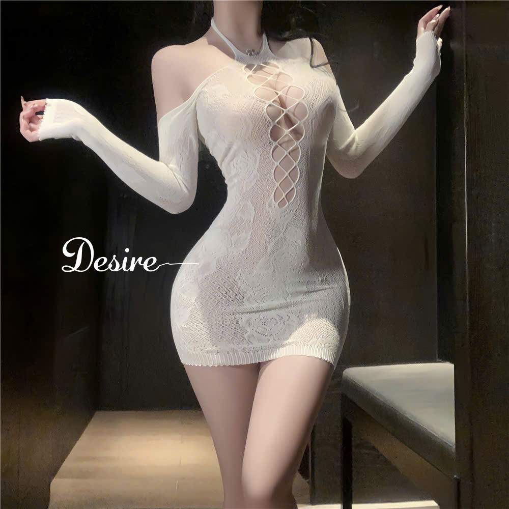 Desire Store, W62 Váy ngủ ren lưới ôm body sexy - Đầm ngủ ôm body dài tay xẻ ngực gợi cảm DESIRE image 10 of 12