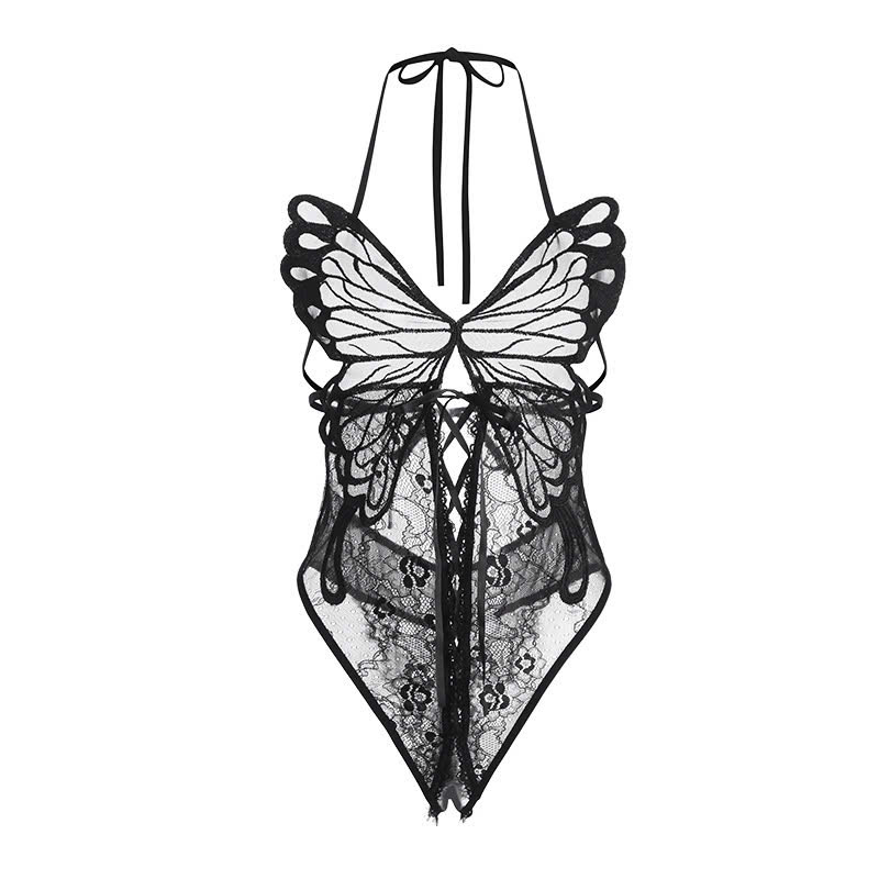 Desire Store, BODYSUIT REN CÁNH BƯỚM ĐAN DÂY BỤNG RED WINE - DESIRE STORE  4009  (Red Wine Lace Butterfly Bodysuit with Lace-Up Waist - DESIRE STORE  VN-4009) image 3 of 7