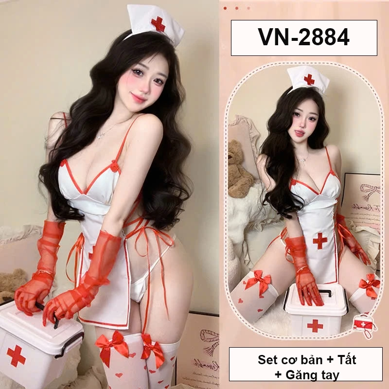 Desire Store, Bộ đồ ngủ Cosplay cô y tá đầy đủ phụ kiện sexy gợi cảm DESIRE VN-2884 - Set +Tất+Găng tay, Freesize (40-60kg) image 10 of 10