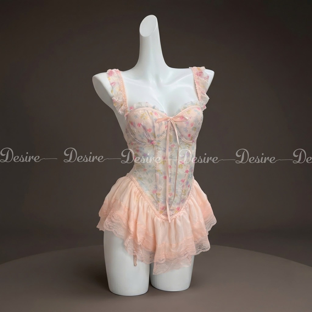 Desire Store, Váy ngủ tiểu thư - Đầm ngủ hoa nhí hai dây corset cúp ngưc kèm chip và đai sexy, gợi cảm DESIRE 1208 - Hồng nhạt (ko tất), M (40-53Kg) image 11 of 16