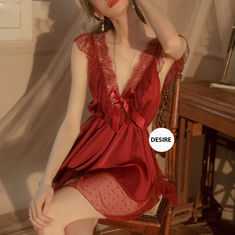 Desire Store, Váy ngủ lụa nữ cánh tiên lụa satin cao cấp phối ren cổ chữ V Desire VN-8463 image 3 of 10