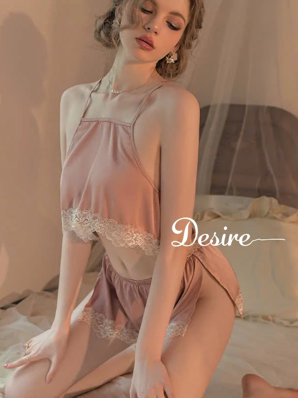 Desire Store, Bộ đồ ngủ lụa phối ren cao cấp dáng yếm cột hai dây gợi cảm mát mịn mùa hè DESIRE VN-2018 image 5 of 12