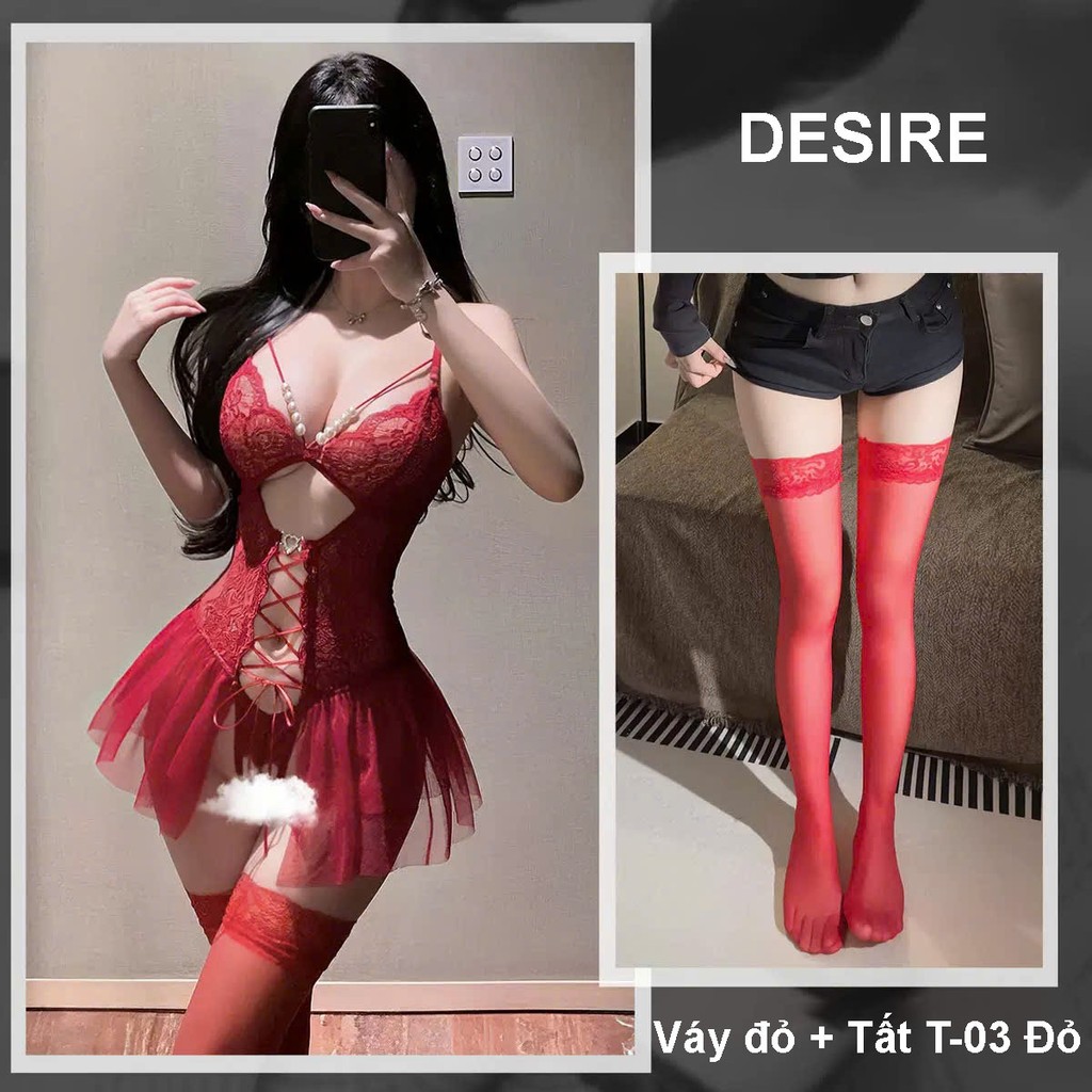 Desire Store, Bodysuit Ren - Váy Ngủ Sexy Xuyên Thấu Đính Ngọc Cao Cấp, Thiết Kế Đan Dây DESIRE 1420 - Váy đỏ + Tất T-003 image 14 of 19