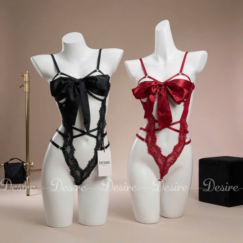 Desire Store, Bộ đồ ngủ ren liền thân bodysuit chất liệu ren mềm phối dải lụa thắt nơ gợi cảm VN-8490 image 8 of 13