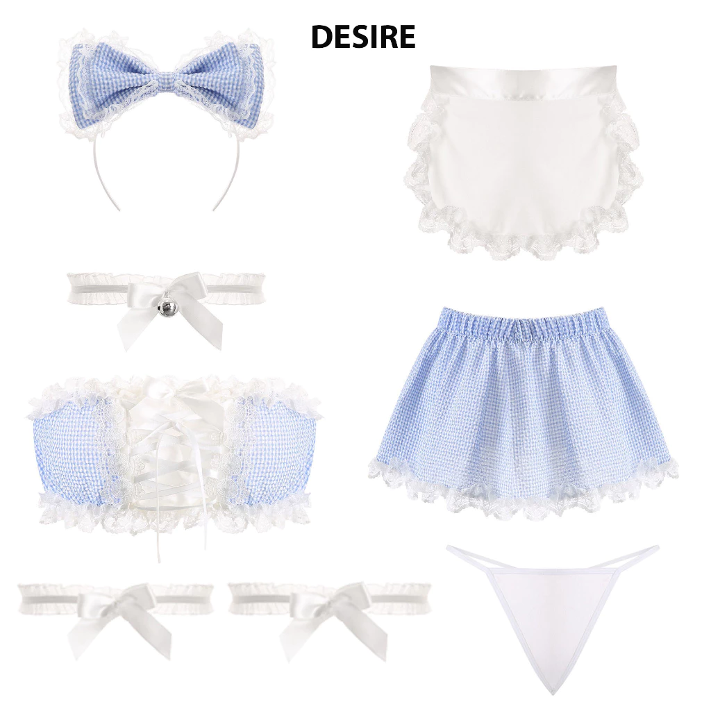 Desire Store, Bộ đồ ngủ hoá trang Cosplay hầu gái ba mảnh caro xanh cup ngực áo quây DESIRE VN-8114 image 8 of 15