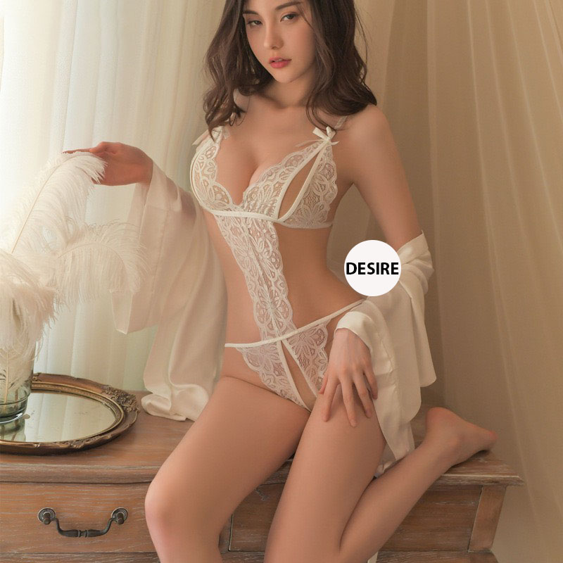 Desire Store, Set đồ lót liền thân ren xẻ đáy và Áo choàng lụa set lót ren gợi cảm sexy VN-8458 image 2 of 22