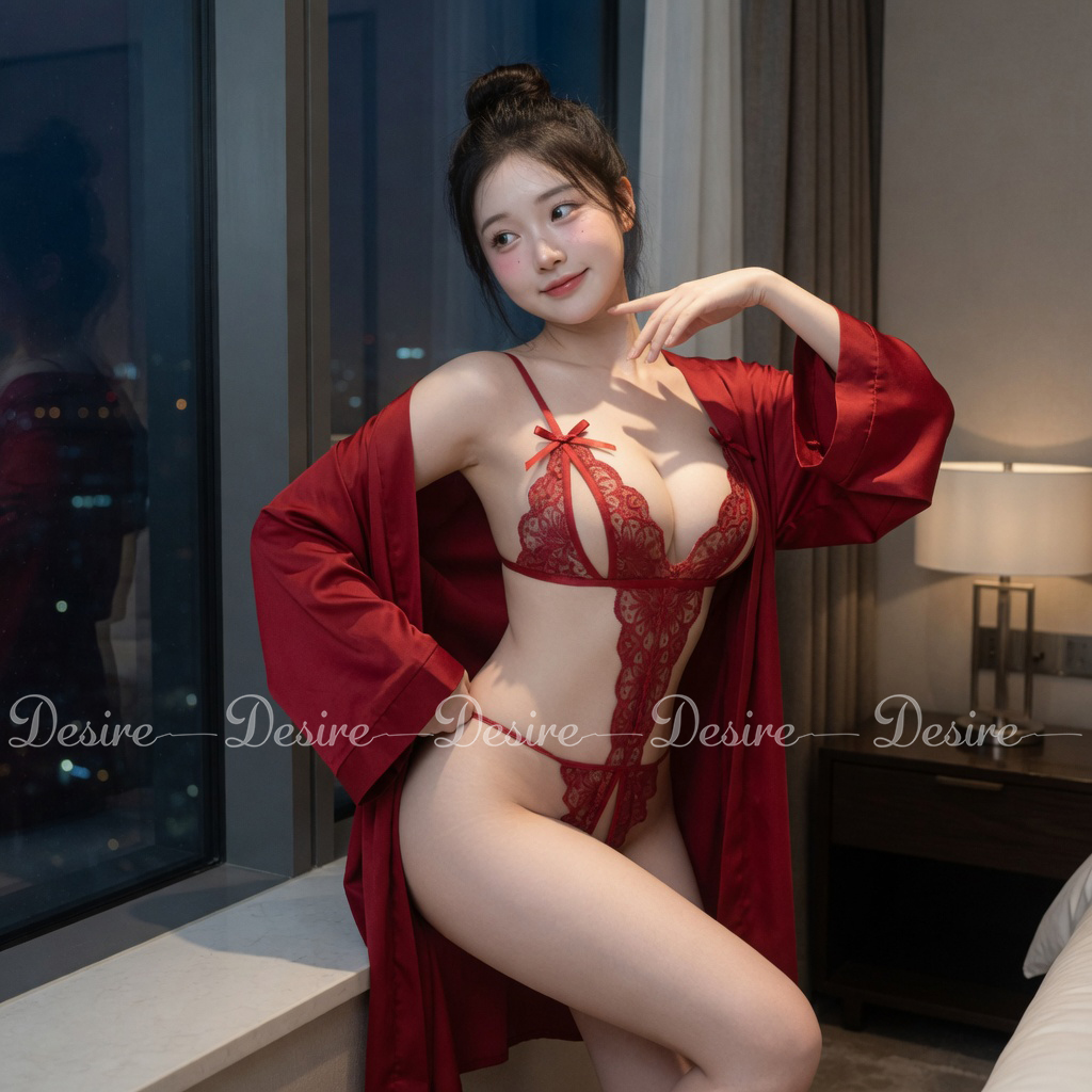 Desire Store, Set đồ lót liền thân ren xẻ đáy và Áo choàng lụa set lót ren gợi cảm sexy VN-8458 (Sexy open-crotch lace bodysuit and silk robe set 8458) image 34 of 44