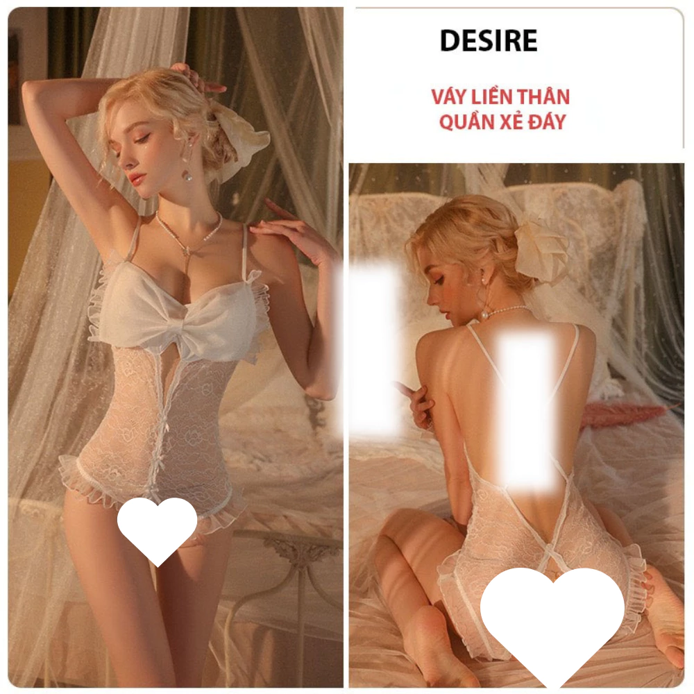Desire Store, Váy ngủ ren bodysuit liền thân nơ quần xẻ đáy hở lưng gợi cảm ren cao cấp Desire VN-2723 - Trắng, XL (60-70kg) image 10 of 12